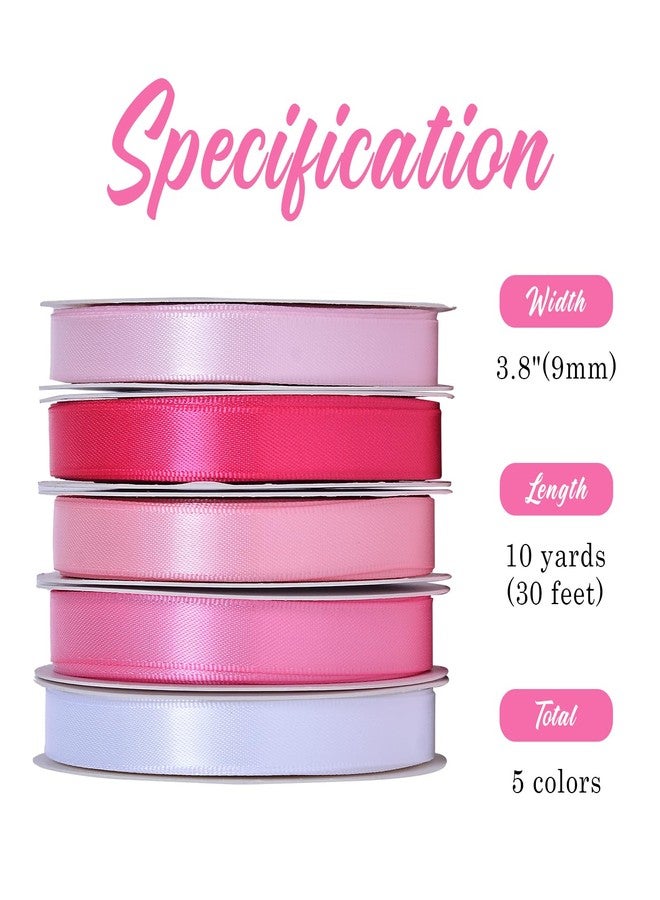YAMA Valentine's Day Double Faced Satin Ribbon Set, 5 Rolls × 10 Yards Total 50 Yards, 3/8" White Light Pink Baby Pink Hot Pink Fuchsia Ribbons for Gift Wrapping Crafts Wedding Baby Shower - Image 2
